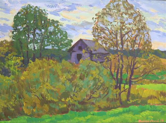 Yuri Matushevski, oil on canvas, Farmhouse, signed and dated 1974, 34 x 46cm